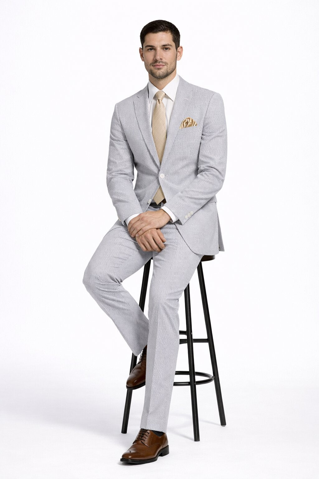 Modern Fit Summer 2 Piece 2 Button Suit Striped Seersucker in Navy