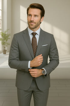 Wool Suit - Italian Made Business Suit by Statement Men's 2 Piece 100% Wool Modern Fit Suit - Subtle Windowpane