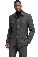 Mens Military Style Gray Safari Suit – 4 Pocket Gold Button Designer Fashion Suit  Modern Fit