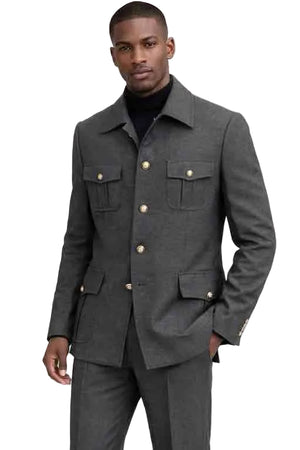 Mens Military Style Gray Safari Suit – 4 Pocket Gold Button Designer Fashion Suit