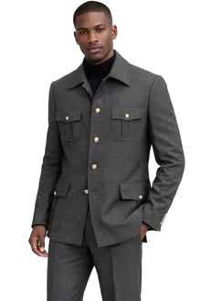 Mens Military Style Gray Safari Suit – 4 Pocket Gold Button Designer Fashion Suit