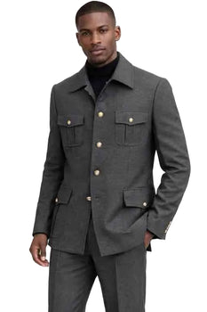 Mens Military Style Gray Safari Suit – 4 Pocket Gold Button Designer Fashion Suit