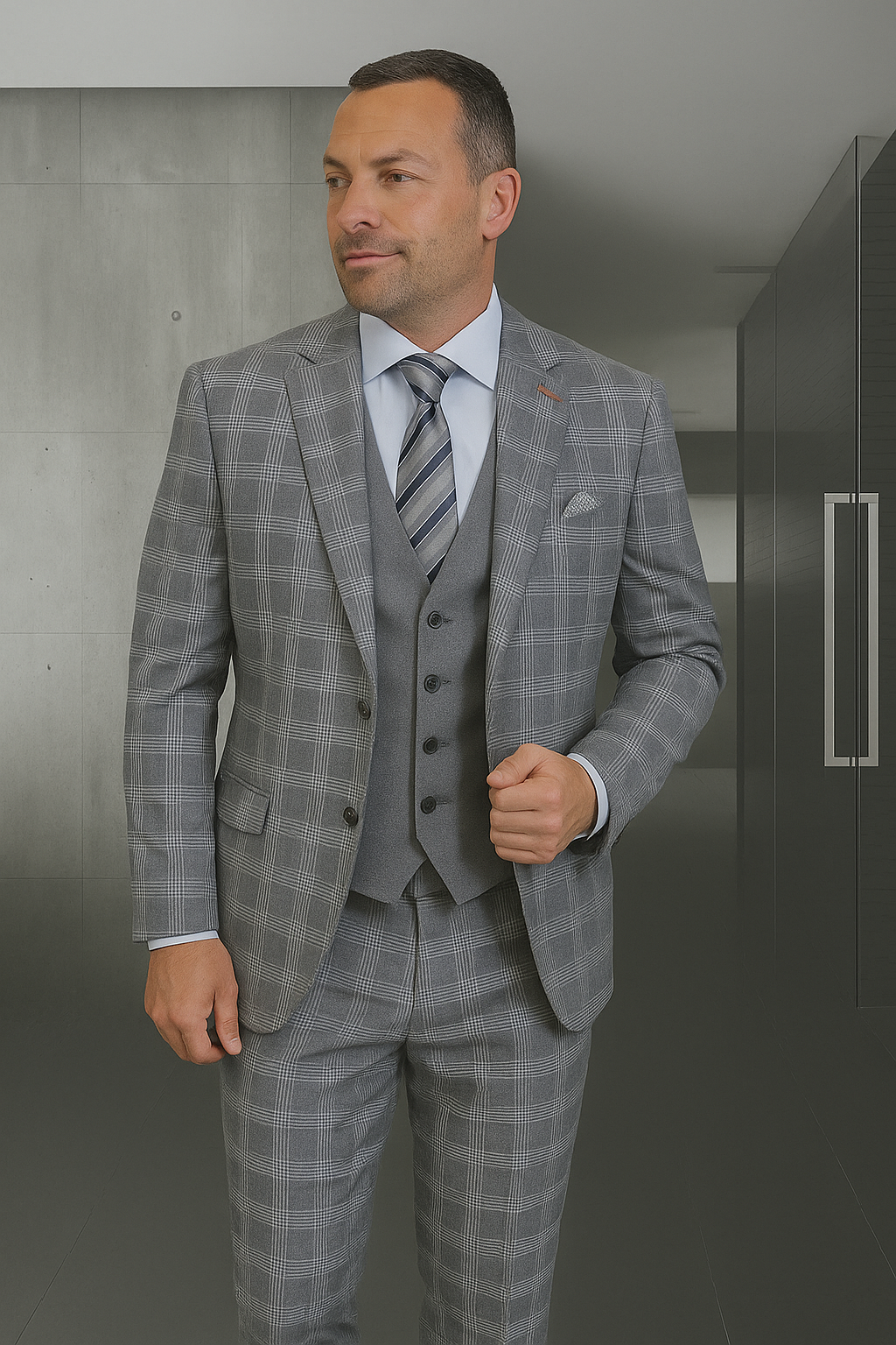 Wool Suit - Italian Made Business Suit by Statement Men's 3 Piece 100% Wool Suit - Coordinating Solid Color Vest Modern Fit
