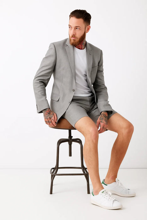 Men'S Linen Fabric Summer Business Suits With Shorts Pants Set (Sport Coat Looking) Grey - Mens Linen Suit