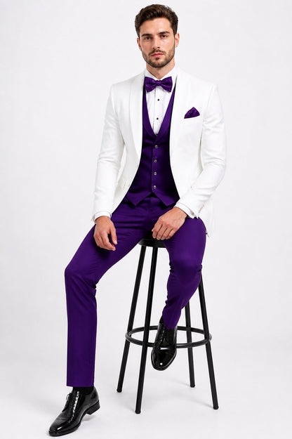 White and Purple Tuxedo Wedding Suit - White Dinner Jacket + Vest + Pants + Bow-tie