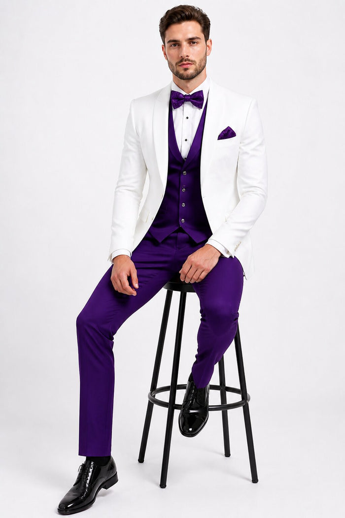 White and Purple Tuxedo Wedding Suit - White Dinner Jacket + Vest + Pants + Bow-tie