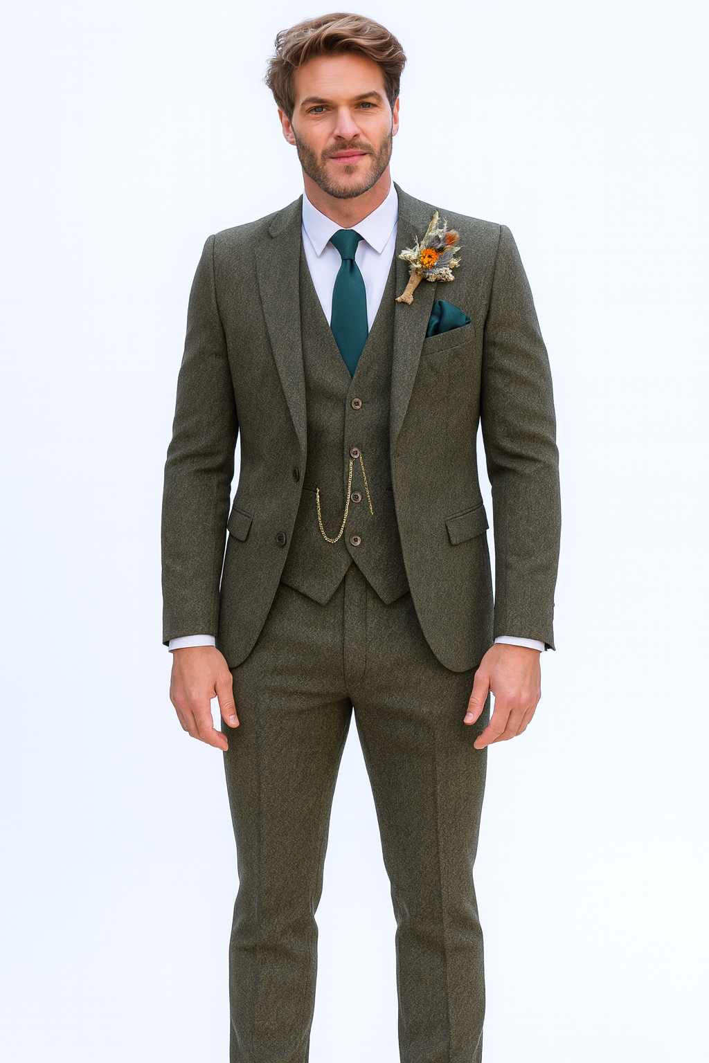 SKU#JA60784 Groomsmen Tweed Suit - Green Herringbone Western Suit - Traje Para Hombre
