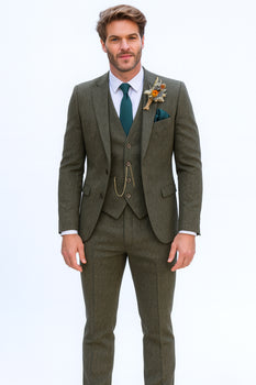 SKU#JA60784 Groomsmen Tweed Suit - Green Herringbone Western Suit - Traje Para Hombre