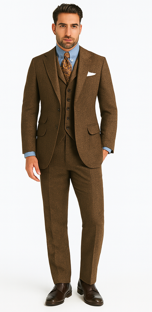 SKU#JA60731 Groomsmen Tweed Suit - Brown Herringbone Western Suit