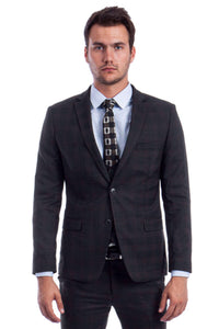 "Black Plaid Men's Skinny Fit Suit with Two-Button Vest - Low Cut"
