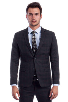 "Black Plaid Men's Skinny Fit Suit with Two-Button Vest - Low Cut"
