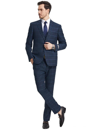 Men's Stacy Adams Vested Modern Fit Windowpane Plaid Suit in Navy Blue - Image 2