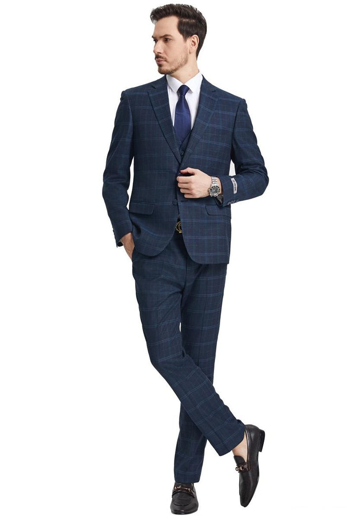 Men's Stacy Adams Vested Modern Fit Windowpane Plaid Suit in Navy Blue - Image 2