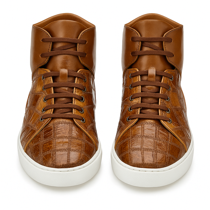 Belvedere Vero Crocodile Patchwork High-Top Sneaker in Honey