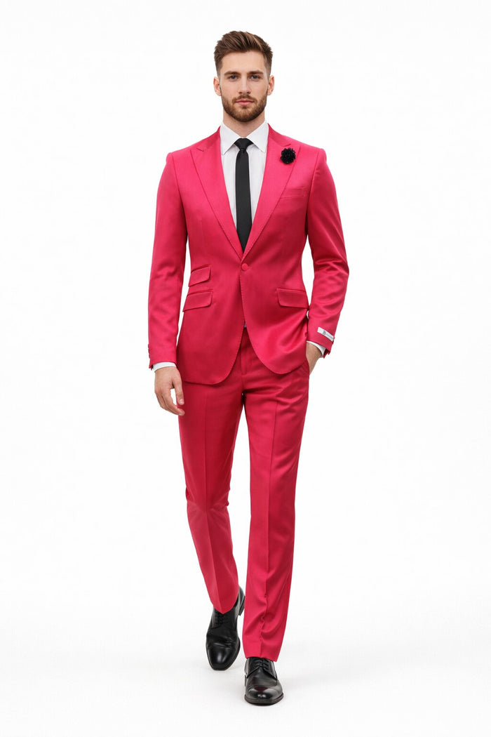Mens Single Breasted Sateen Shiny Fabric Metallic Fabric - Sharskin Hotpink Suit