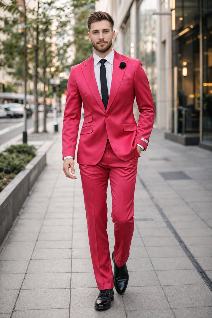 Mens Single Breasted Sateen Shiny Fabric Metallic Fabric - Sharskin Hotpink Suit