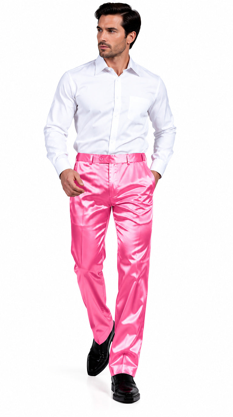 Mens Shiny Stretch Pants Solid Color Slim Fit Sateen Flashy Metallic Slacks in Color "Pink"