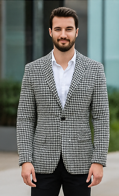 Men’s Black & White Houndstooth Blazer – 100% Wool Modern Fit Sport Coat