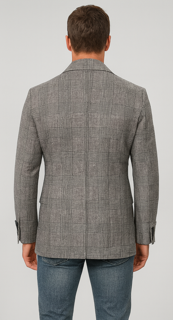 Houndstooth Plaid Peacoat - Gray And Black Patterned Wool Fabric Car Coat - Image 2