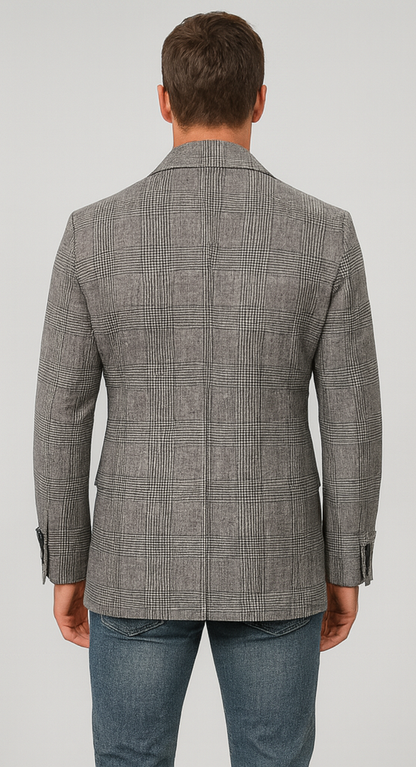 Houndstooth Plaid Peacoat - Gray And Black Patterned Wool Fabric Car Coat - Image 2