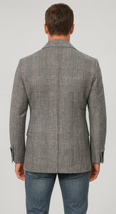 Houndstooth Plaid Peacoat - Gray And Black Patterned Wool Fabric Car Coat