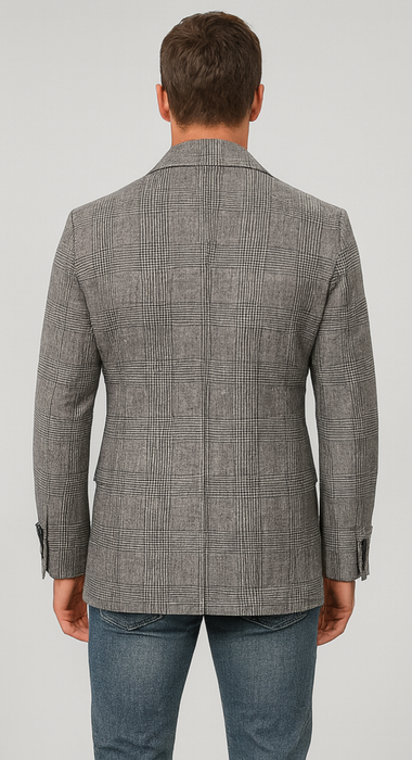 Houndstooth Plaid Peacoat - Gray And Black Patterned Wool Fabric Car Coat