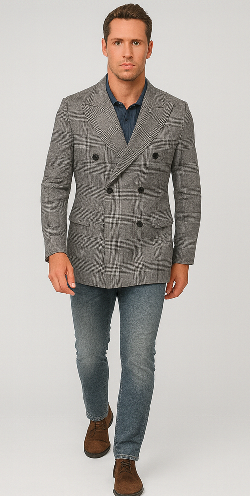 Houndstooth Plaid Peacoat - Gray And Black Patterned Wool Fabric Car Coat - Image 4
