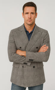 Houndstooth Plaid Peacoat - Gray And Black Patterned Wool Fabric Car Coat