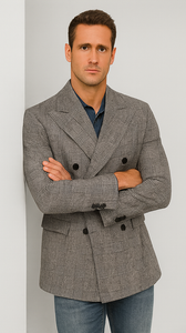 Houndstooth Plaid Peacoat - Gray And Black Patterned Wool Fabric Car Coat