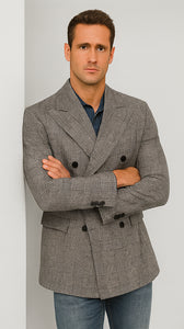 Houndstooth Plaid Peacoat - Gray And Black Patterned Wool Fabric Car Coat