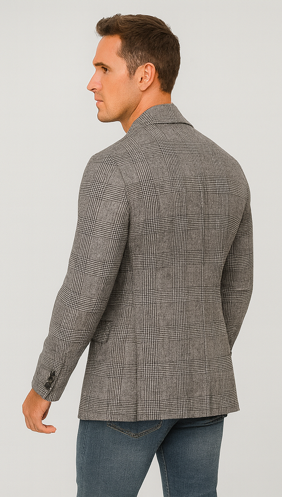 Houndstooth Plaid Peacoat - Gray And Black Patterned Wool Fabric Car Coat - Image 7