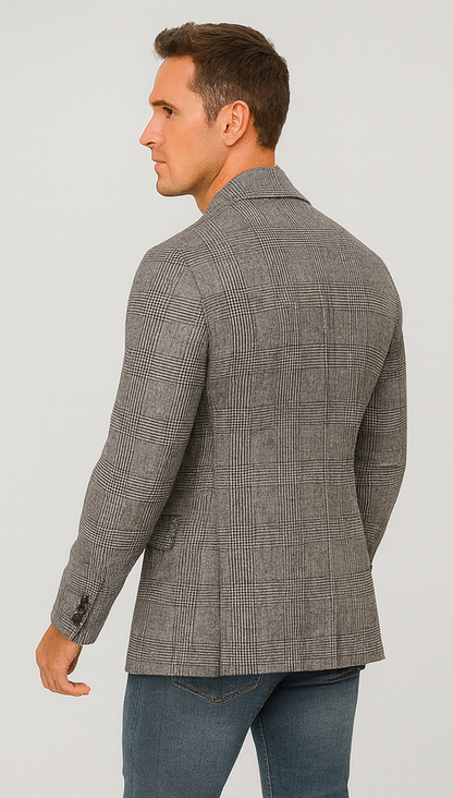 Houndstooth Plaid Peacoat - Gray And Black Patterned Wool Fabric Car Coat - Image 7