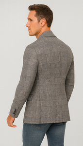 Houndstooth Plaid Peacoat - Gray And Black Patterned Wool Fabric Car Coat