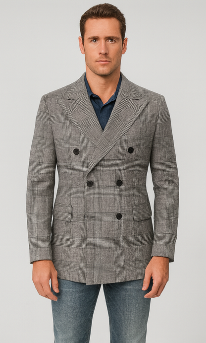 Houndstooth Plaid Peacoat - Gray And Black Patterned Wool Fabric Car Coat - Image 8