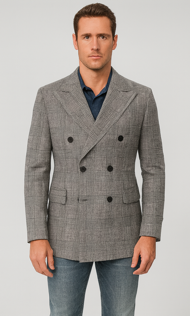 Houndstooth Plaid Peacoat - Gray And Black Patterned Wool Fabric Car Coat - Image 8