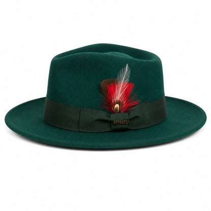 Gangster 100% Australian Wool Crushable Mens Fedora Hat - Removable Feather Gangster  Hunter Green Mens Fedora Hat