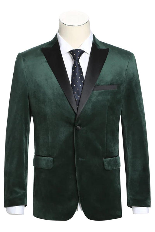 "Emerald Velvet Prom and Wedding Tuxedo: Hunter Green Renoir Two-Button Peak Lapel Blazer"