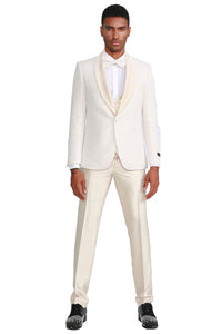 Graduation Suit - Men's One Button Vested Paisley Prom & Wedding Tuxedo with Satin Vest and Pants in Ivory