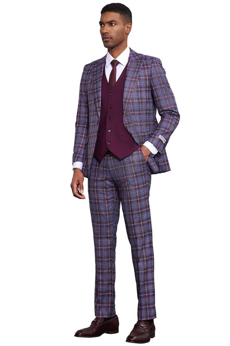 Men's Stacy Adams Bold Windowpane Plaid Print Vested Suit in Lavender & Purple - Image 3