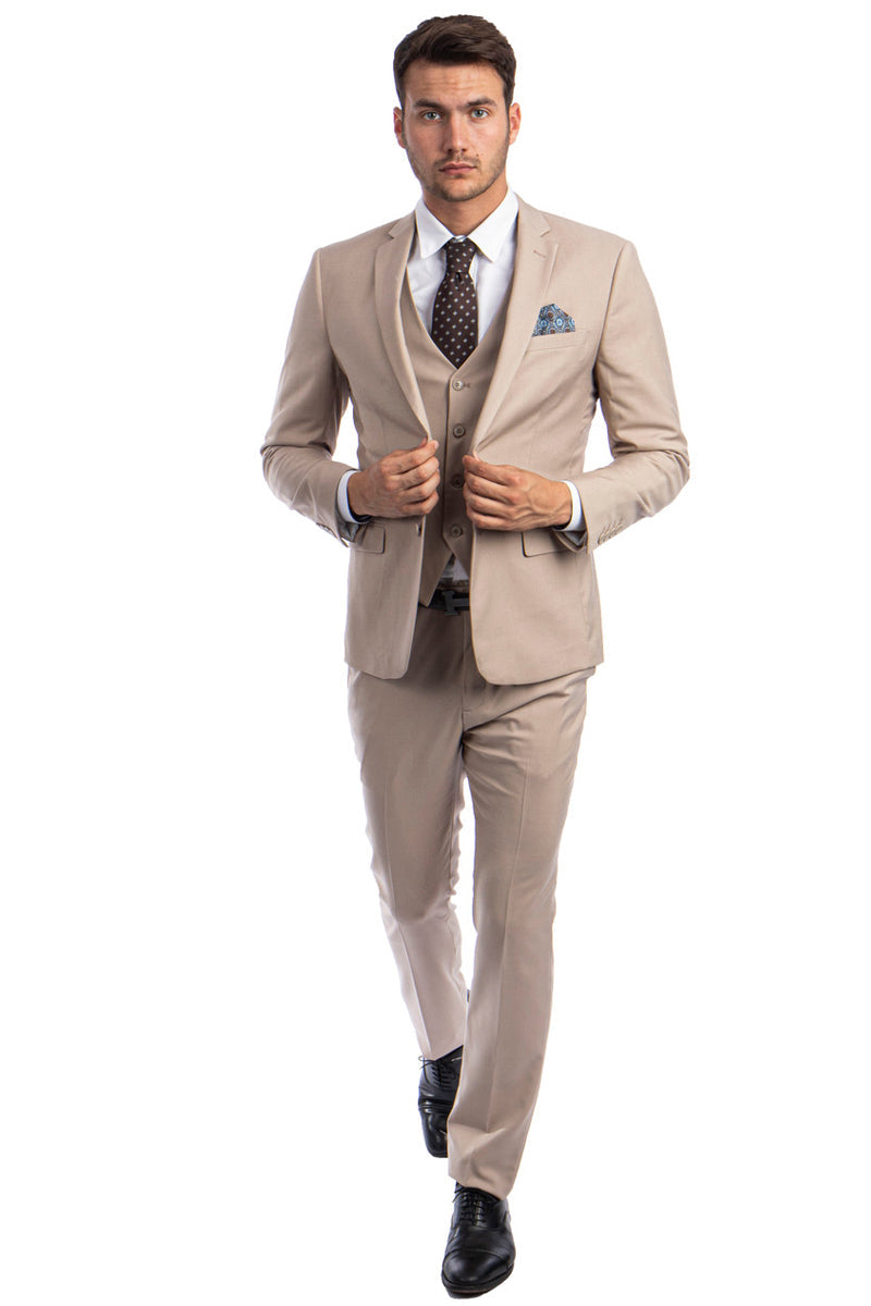 Graduation Suit - Men's Two Button Slim Fit Vested Solid Basic Color Suit in Medium Tan - Image 2