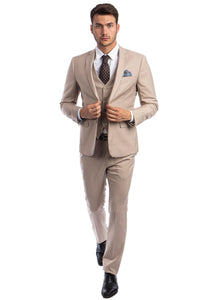 Graduation Suit - Men's Two Button Slim Fit Vested Solid Basic Color Suit in Medium Tan