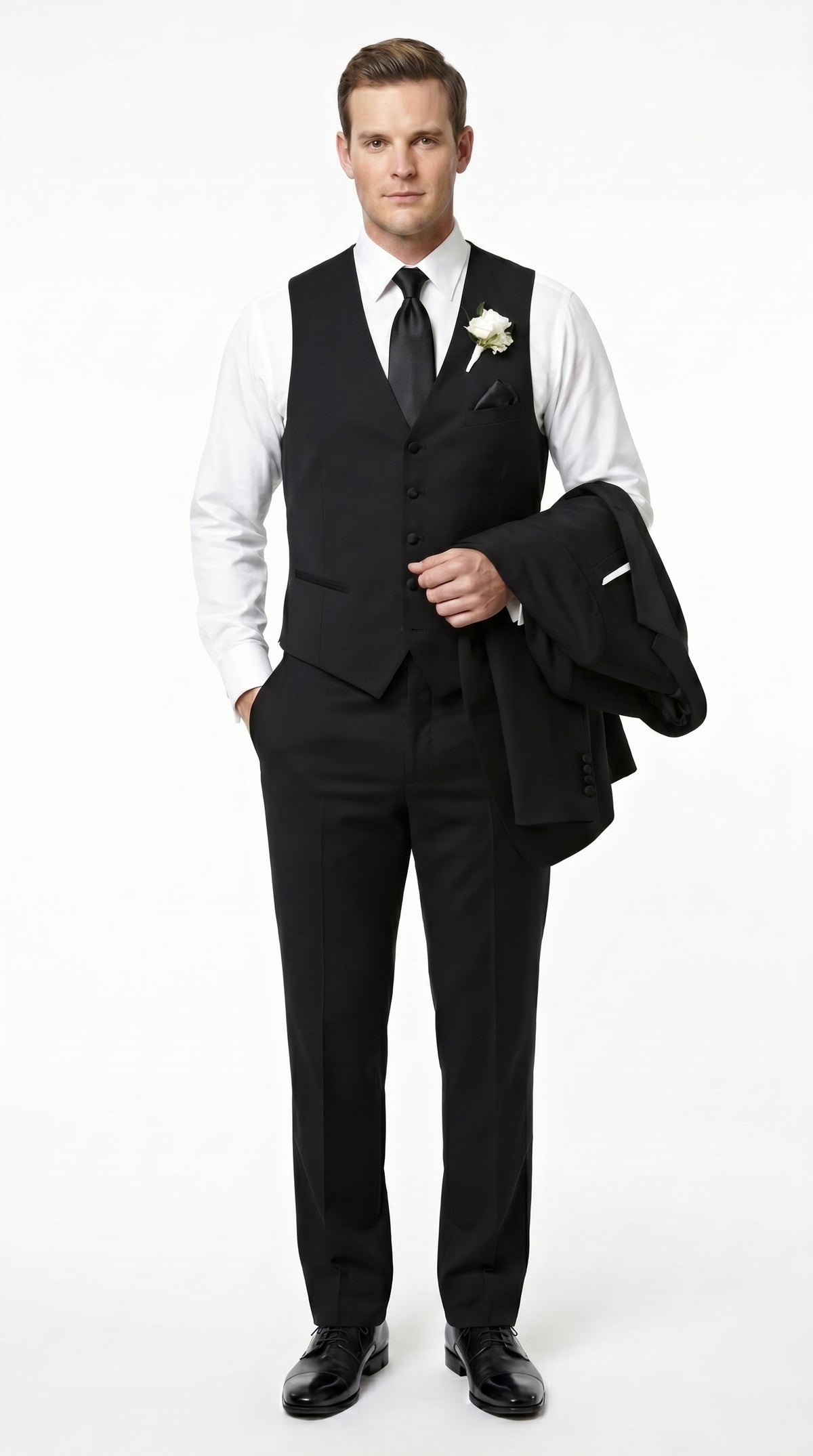Groomsmen Package Deal Vest & Pants Slacks + Shirt & Tie Set (no Jacket) Black
