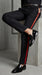 Men’s Black Tuxedo Pants with Red Satin Side Stripe, Classic Formal Slacks Unhemmed Bottom