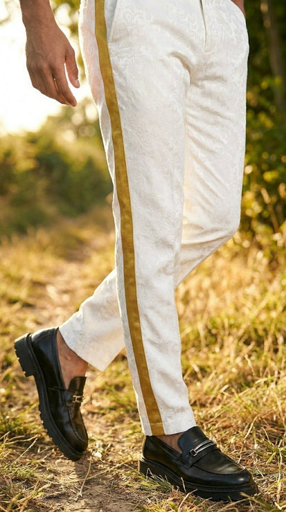 Men’s White Tuxedo Pants with Gold Sateen Side Stripe – Formal Dress Pants for Wedding and Prom