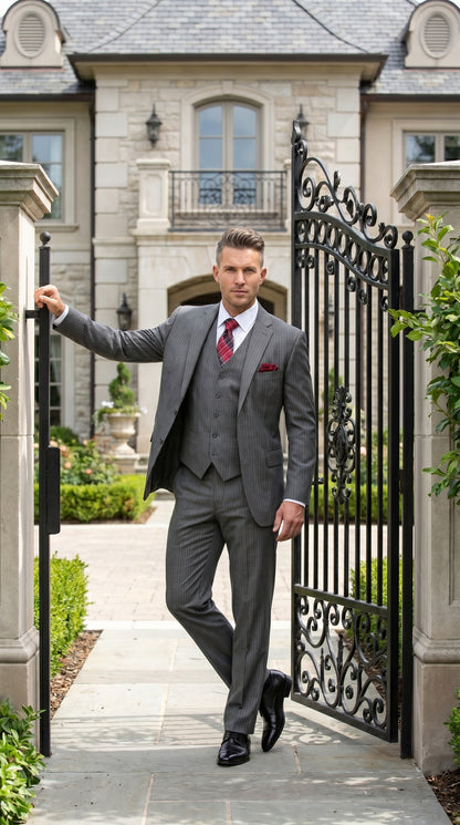 Men’s Medium Grey Classic Vested Pinstripe Suit with Jacket, Vest and Pants, Formal Dress Suit