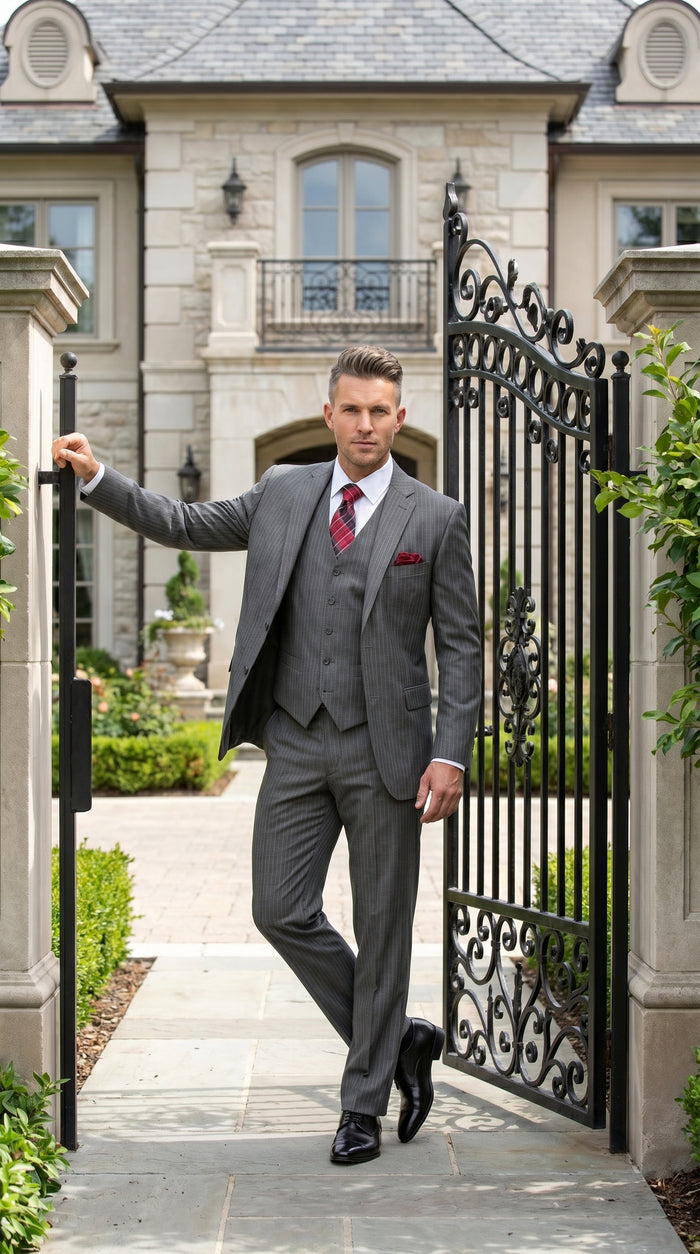Men’s Medium Grey Classic Vested Pinstripe Suit with Jacket, Vest and Pants, Formal Dress Suit