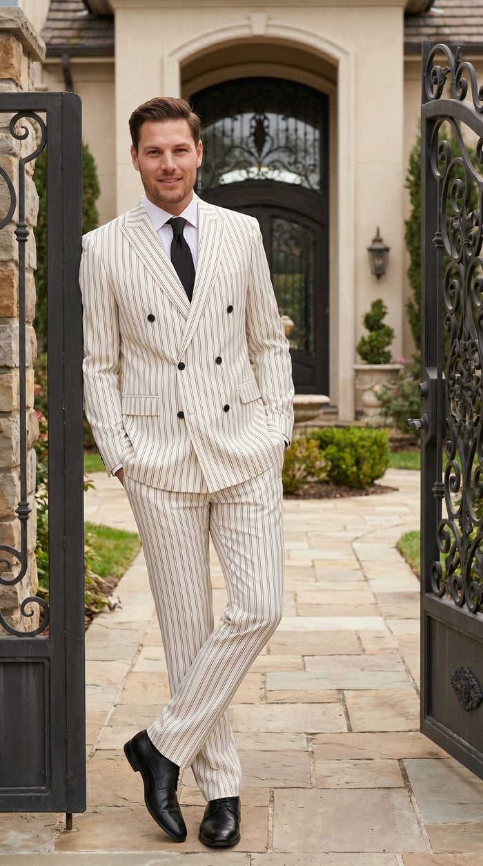 Men’s Off White Double Breasted Pinstripe Suit with Jacket and Pants, Formal Wedding Dress Suit