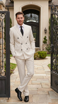 Men’s Off White Double Breasted Pinstripe Suit with Jacket and Pants, Formal Wedding Dress Suit
