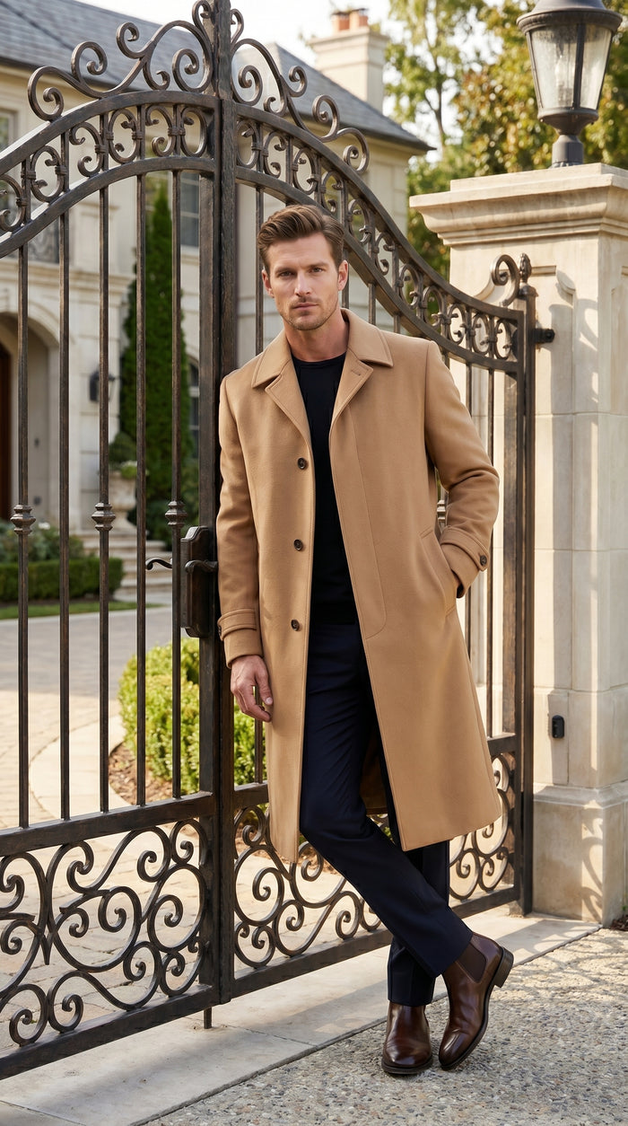 Men’s Toast Full Length 53 Inch Top Coat with Single Breasted Front, Microfiber Dress Overcoat