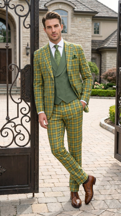 Statement - Men’s Blue and Gold Windowpane Plaid 3 Piece Wool Suit with Double Breasted Vest Modern Fit